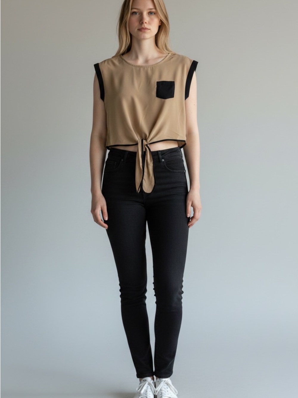 WD.NY Tan Sleeveless Tie-Front Top with Black Pocket Trim